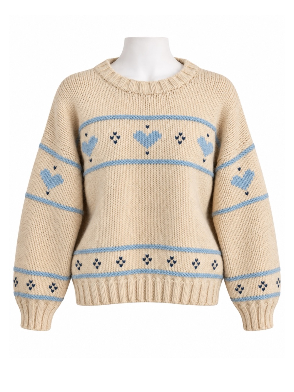 Size XL Handmade Women’s Cream Blue Heart Knit Sweater Pullover